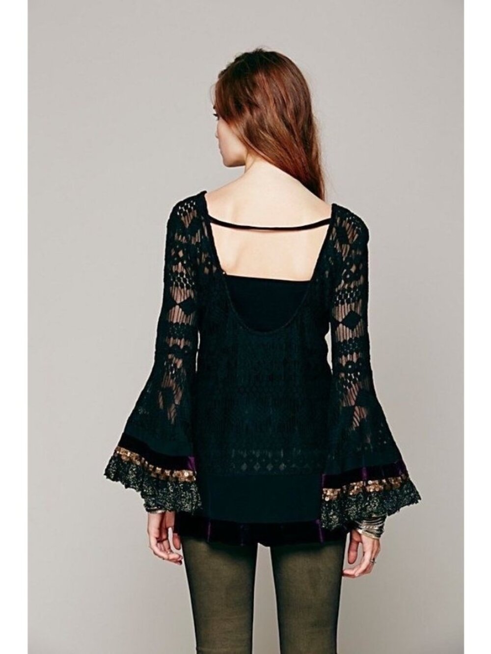 RARE Free People Black Lace Velvet Bell Sleeve Mini Dress Tunic| Whimsigoth Boho - Picture 7 of 16